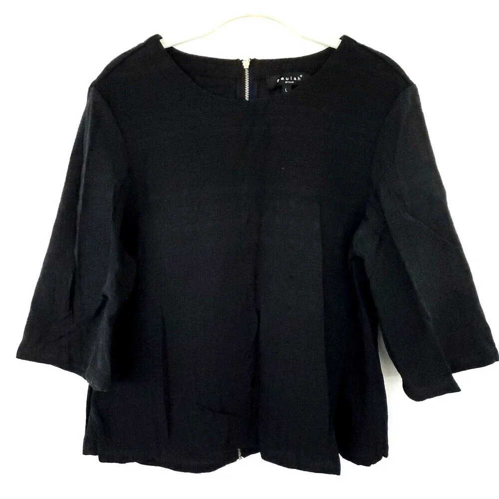 Beulah Style Blouse Womens Size Large Black Eyelet Top Large Cotton 3/4 Sleeve
